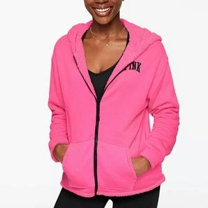 Victoria’s Secret PINK Reversible Sherpa Hoodie MED Jacket Zip Neon Pink NEW